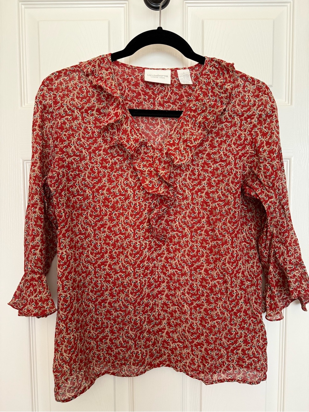 Liz Claiborne Red Floral Ruffle V-Neck Blouse